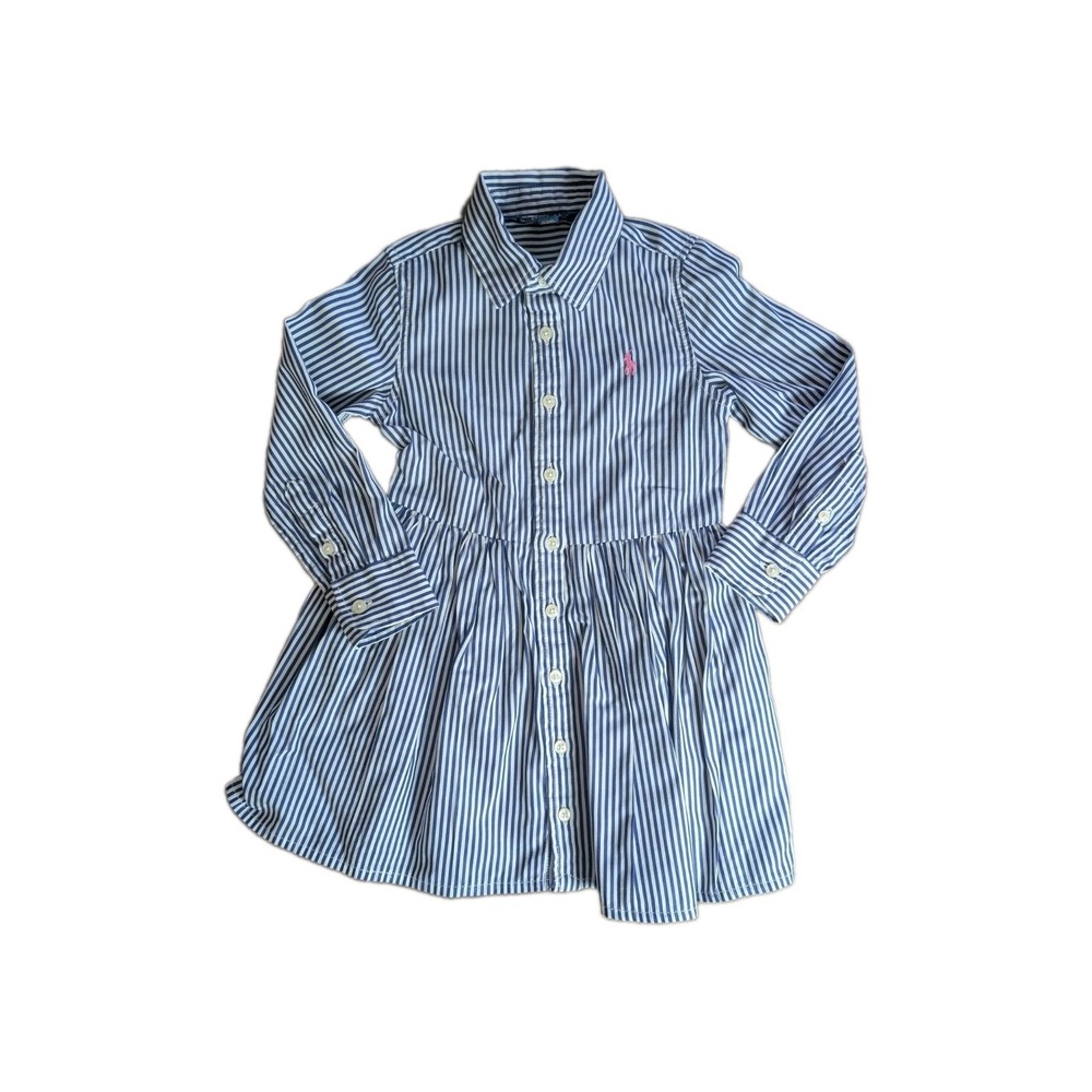 Polo Ralph Lauren Girls Blue White Striped Shirt Dress Pink Pony Size 2T
